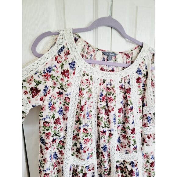 Anthropologie S Blue Tassel‎ Peasant Floral Lace Cold Shoulder Blouse Top Oversz - Picture 4 of 6